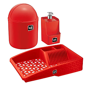 Kit Pia Completo Lixeira 4l + Dispense 500ml + Escorredor - Vermelho Uz