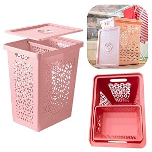 Cesto de Roupas Multiuso 55L + Cesto Interno 6L com Tampa Rosa Uz Ideal Para Banheiro e Area de Serviços