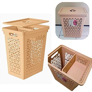 Cesto de Roupas Multiuso 55L + Cesto Interno 6L com Tampa Capuccino Uz Ideal Para Banheiro e Area de Serviços