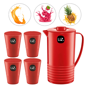 Jarra de Suco e Agua Com Tampa 1,8L Com 4 Copos 300ML Plástico Premium Uz - Vermelho