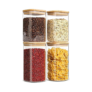 Porta Condimentos Em Vidro Tampa Bambu Hermético 4 peças Organizador Alimentos Premium - UZ