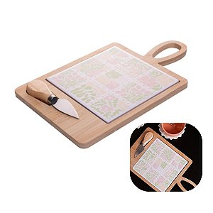 CJ 3 PECAS PARA QUEIJO COM TABUA E FACA FLORAL 30CM X 17CM X 2,5CM BAMBU