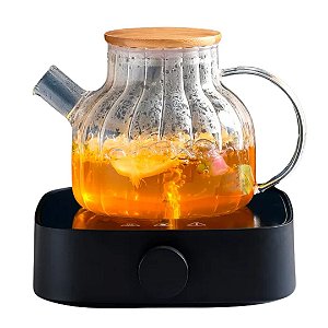 Bule Chaleira De Vidro Com Tampa De Bambu E Coador Removível 1000ml