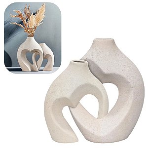 Vaso e Escultura Decorativa em Ceramica 2 Peças Duplo Corações Passione Sala, para Moveis Estante