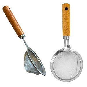Peneira em Aço Inox e Cabo de Bambu 8,5cm Coar e Peneirar Ideal Para o Dia a Dia