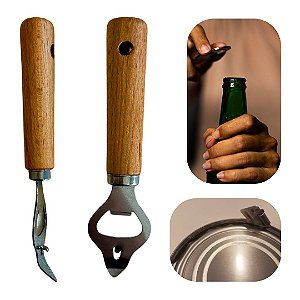 Abridor de Garrafa e Lata em Aço Inox e Cabo de Bambu Luxo Para Bar Bebidas