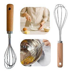 Batedor Fue Para Ovos em Aço Inox e Cabo em Bambu 23cm Cozinha