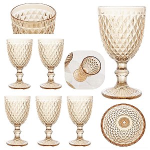 Jogo 6 Taças de Água e Sucos 300ml em Vidro Ambar Bico de Abacaxi Dourado Golden Mesa Posta