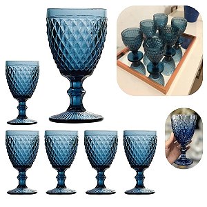 Jogo 6 Taças de Vidro Bico de Abacaxi Azul para Água e Sucos 300ml dia a dia Mesa Posta