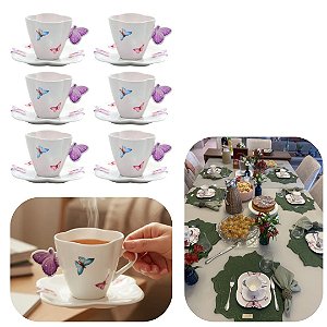 Jogo 6 Xicaras de Chá 200ml em Porcelana Borboletas Wolff Mesa Posta de Luxo
