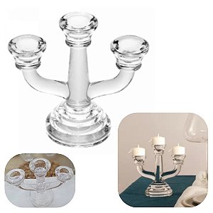 Castiçal Candelabro em Vidro Sodo-Calcico Para 3 Velas 15cm Wolff Ideal Para Aparador, Moveis Igrejas