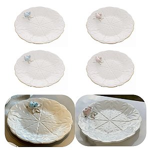 Jogo 4 Pratos Sobremesa 20cm em Porcelana Birds Passaro Wolff Messa Posta de Luxo