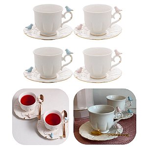 Conjunto 4 Xicaras de Chá e Café 200ml em Porcelana Birds Passaro Wolff Mesa Posta de Luxo