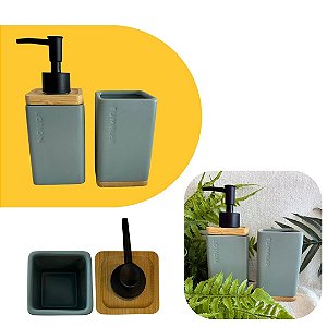 Conjunto Banheiro 2 Peças em Ceramica e Bambu Porta Sabonete e Porta Escova Premium Cinza