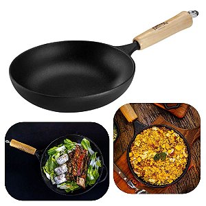 Frigideira Wok de Ferro Fundido 1,5 Litros 22cm Cabo de Madeira Panela Mineira Original
