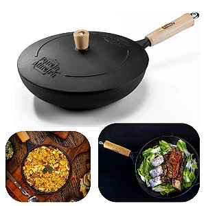 Frigideira Wok 28cm Ferro Fundido 3 Litros Cabo de Madeira e Tampa de Ferro Panela Mineira Original