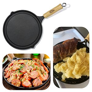 Chapa e Bifeteira 26cm Ferro Fundido com Cabo de Madeira Restaurantes Panela Mineira Original