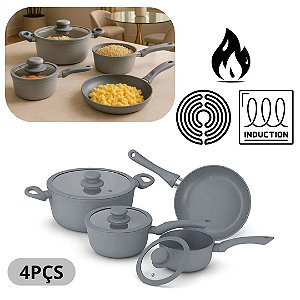 Jogo de Panela 4 Peças Indução Viena Revestimento cerâmico Serve Todos os Fogões Cinza