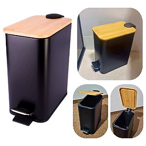 Lixeira Retangular 3 Litros Slim em Aço Inox e Tampa de Bambu Luxo Ideal Para Banheiro e Cozinha Preto