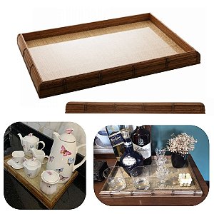 Bandeja de Madeira com Sisal e Vidro 45x30 Ideal para Aparador e Movel Mesa Posta de Luxo