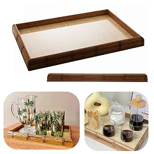 Bandeja de Madeira com Sisal e Vidro 38x24cm Ideal para Moveis, Aparado e Café Wolff Luxo