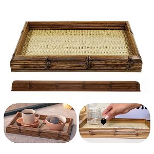 Bandeja de Madeira com Sisal e Vidro 30x17cm Decoração Ideal para Café ou Banheiro Wolff