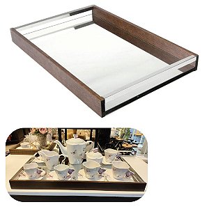 Bandeja de Madeira com Espelho 60x35cm Grande Luxo Ideal para Aparador, Cantinho do Café Wolff
