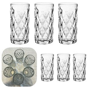 Jogo com 6 Copos Alto 360ml Vidro Diamante Ideal para Agua e Suco e uso Dia a Dia Premium