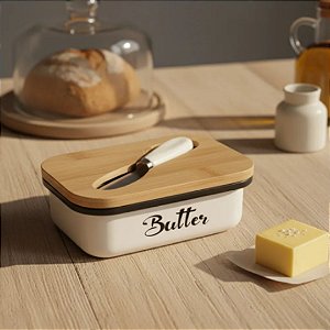 Manteguira Porta Manteiga Ideal para Tablete em Metal Com Tampa em Bambu Hermetica Premium