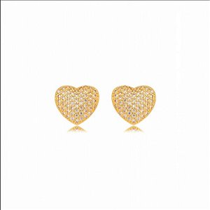 Brinco Coração Micro Zircônia Dourado Banho 18k