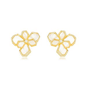 Brinco Flôr Madreperola Micro Zircônia Dourado