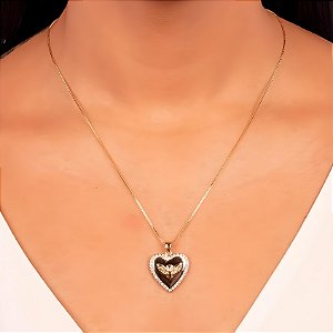 Colar Coração Anjo da Guarda Micro Zircônia Banho Ouro 18k