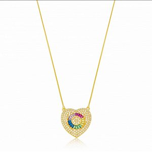 Colar Coração Cravejado Colour Banho Ouro 18k