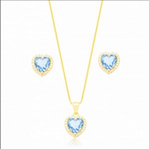 Conjunto Coração Cravejado Aqua Marinha Banho Ouro 18k