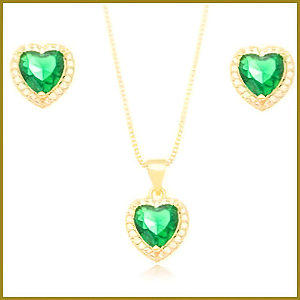 Conjunto Coração Cravejado Esmeralda Banho Ouro 18k