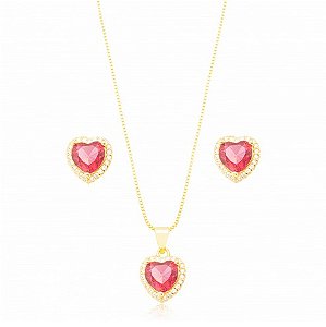 Conjunto Coração Cravejado Rubi Banho Ouro 18k