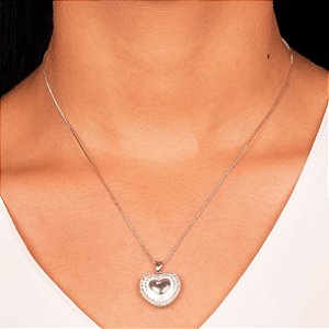 Conjunto Coração Micro Zircônia Ródio Branco