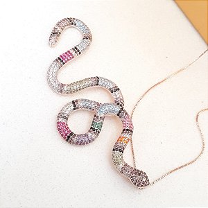 Colar Serpente Zircônia Colorida Banho Ouro 18k - 62 cm