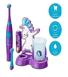 Escova Dental Elétrica Unicórnio Infantil c/ Copo Refil Base