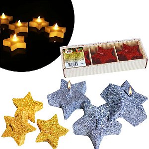 3 Velas de Natal Decorativa Estrela Dourada/ Prata /Vermelha