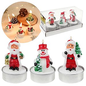 Decoração Mesa de Natal Kit 3 Velas 3D Noel e Boneco de Neve