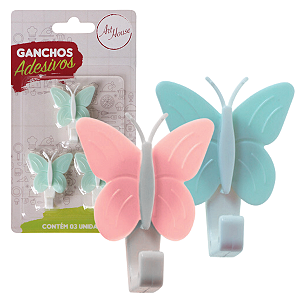 Kit com 3 Ganchos Adesivos Borboleta Multiuso Rosa ou Azul Decorativo
