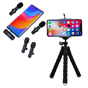 Kit Youtuber c/ Microfone Lapela Wireless + Mini Tripé Suporte Flexível
