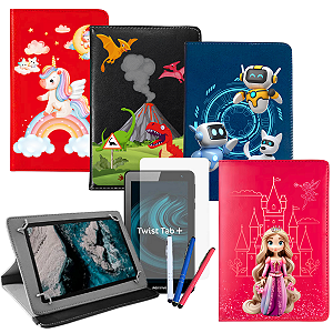 Capa com Suporte Para Tablet Positivo Twist Tab Estampada + Película + Caneta Touch