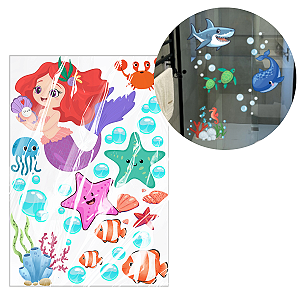 Adesivo Para Box de Banheiro Infantil Parede Fundo do Mar Sereia Tubarão Bichos