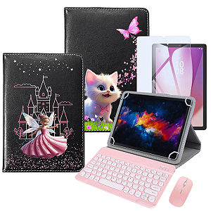 Capa Giratória Para Tablet Lenovo Tab M9 Estampada + Teclado e Mouse Rosa + Película