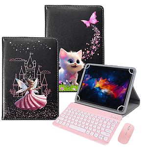Capa Suporte Giratória Para Tablet Multilaser M10 Wi-fi Estampada + Teclado e Mouse Bluetooth Rosa