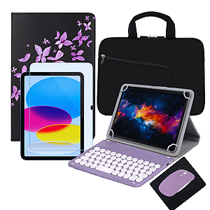 Kit Capa Giratória com Suporte Estampada Para iPad 10ª Geração + Película + Teclado e Mouse + Luva de Proteção + Mousepad