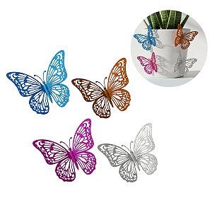12 Borboletas Kit Coloridas Vazadas Glitter Metalizado Decoração Quarto- Vaso- Parede- Festa