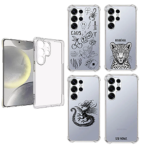 Capa Estampa Onça Dragão com Nome p/ Samsung S25 Ultra em Silicone Transparente Anti Queda